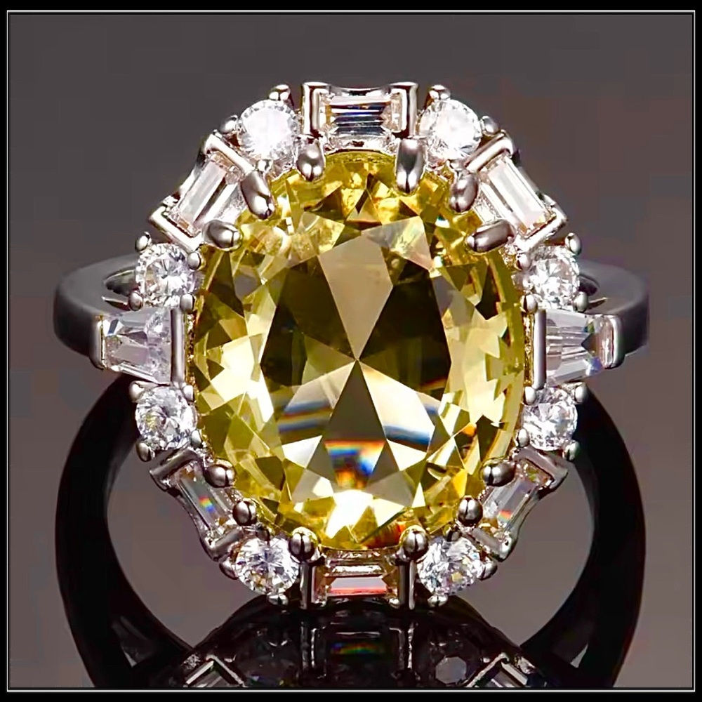 New 925 Chunky Oval Canary Halo Sterling Silver Statement Cocktail Ring